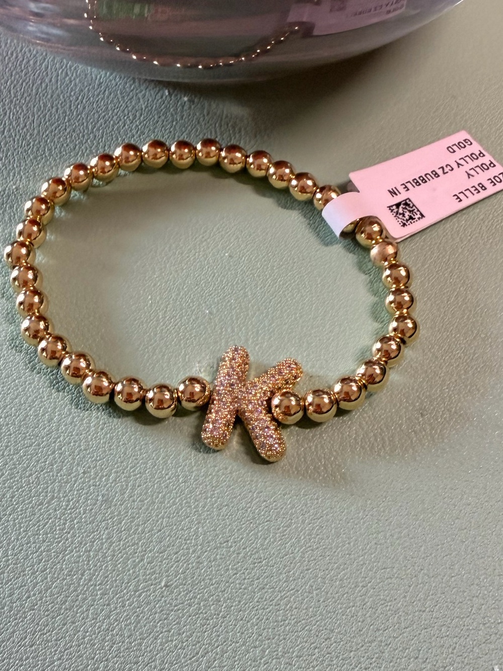 Zoe Belle Gold Beaded Stretch Bracelet with Pavé 'K' Initial Charm